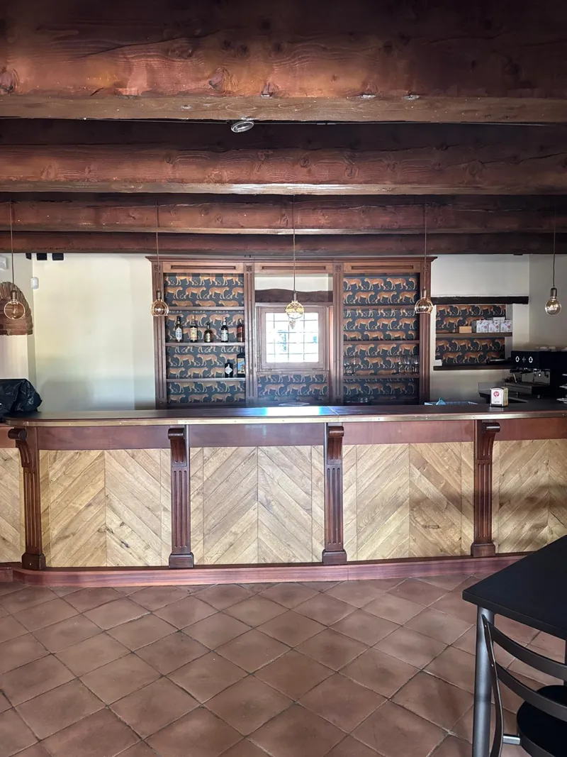 Il bancone del bar con la carta da parati a gattopardi